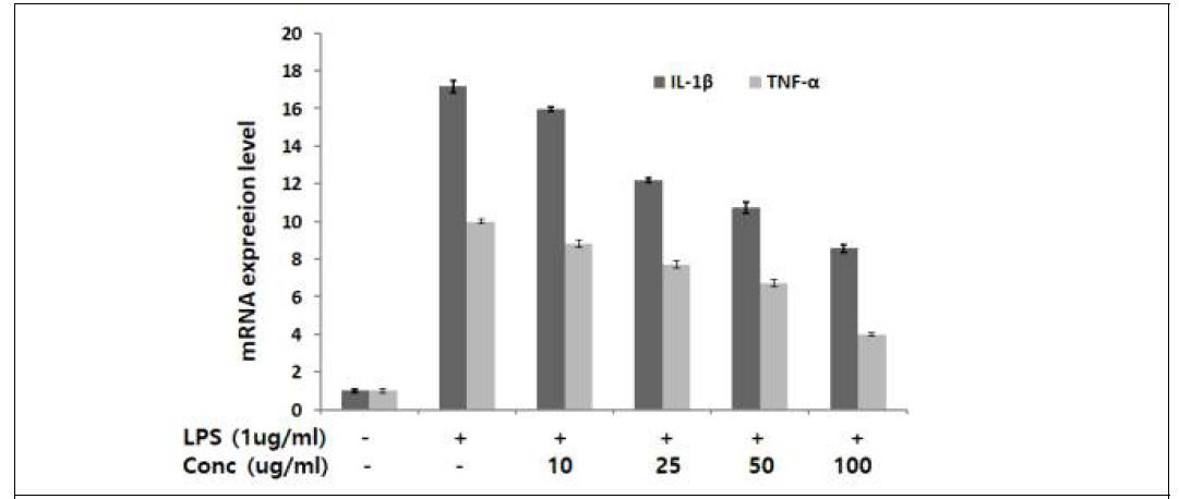 마우스의 대식세포주인 RAW 264.7 세포주에 염증 유발인자인 LPS와 동애등에 추출물의 농도별 처리 후 Real-time PCR 분석에 의한 항염증 표지인자(TNF-α 및 IL-1β)의 전사체 발현 분석