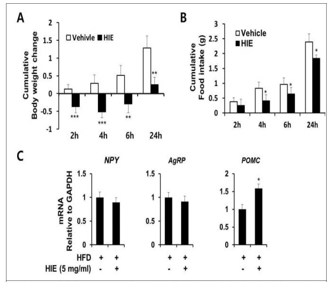 고지방식(HFD) 투여 마우스에서 음식물 섭취량과 체중에 대한 HIE의 중앙 투여 효과. (A) 50mg/mL HIE(1μL) 또는 20% 비이클의 중앙 투여 후 HFD 급이 마우스의 시산별 평균 누적 체중 변화 및 (B) 평균 누적 사료 섭취량 측정. (C) 신경 펩티드의 시상하부 mRNA 발현에 대한 HIE의 중앙 투여 효과