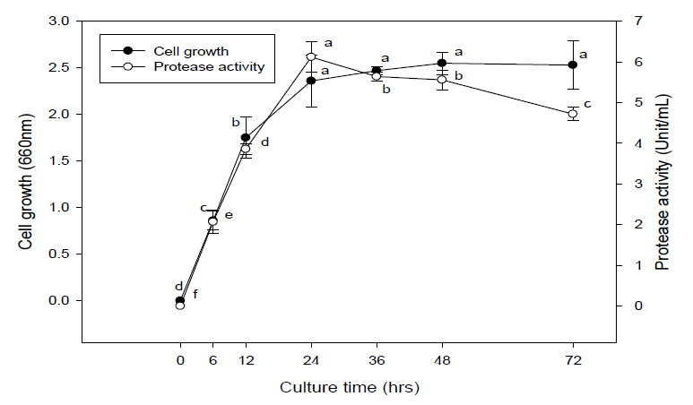Effect of culture time on the growth and protease activity of B.amyloliquefaciensJH-35