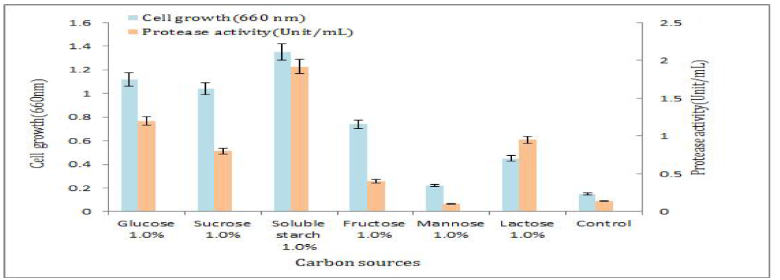탄소원 종류에 따른 생육과 protease 활성 결과