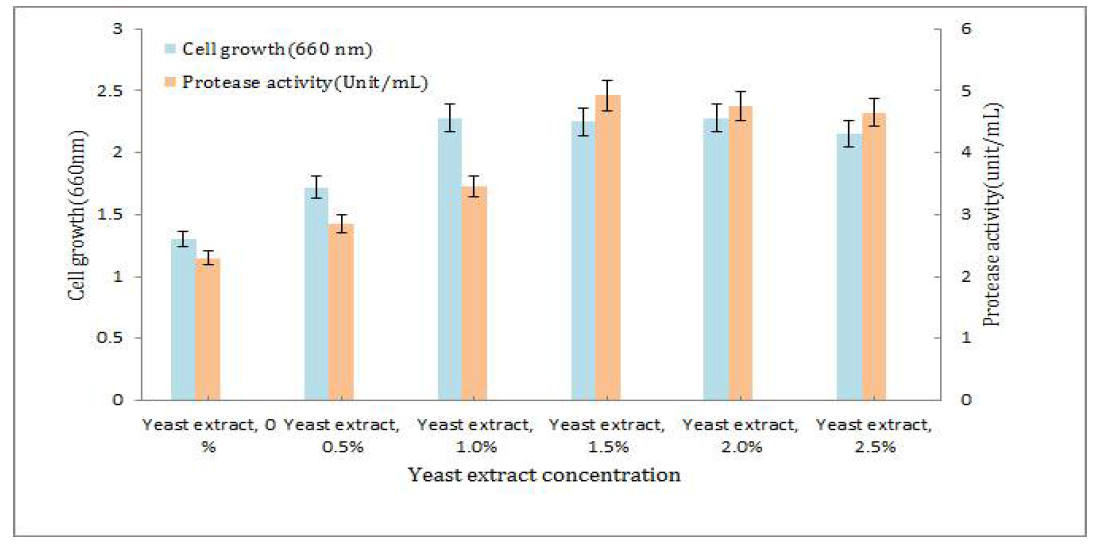 yeast extract 농도에 따른 생육과 protease 활성 결과