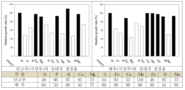 원소결핍에 따른 단고추·배추의 상대적 생장율 (%, DW, 처리 후 15일)