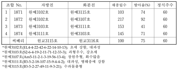 우수 조합별 생산성 검증을 위한 교배 조합의 발아율 및 정식주수(*파종일 ‘18. 4. 25)