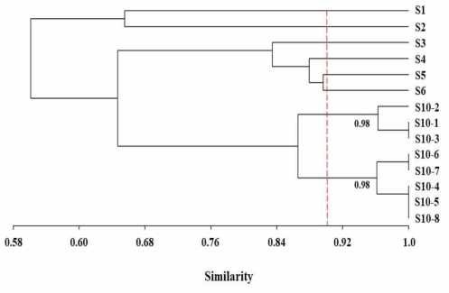 Dendrogram showing the genetic relatedness among 14 progeny plants derived from original cultivar ‘Akihime’ (Fragaria × ananassa Duch.). Clustering was performed using UPGMA of Jaccard genetic similarity assessed by seven SSR markers. Numbers S1-S6 and S10-1~8 represent individuals of selfing generation of the ‘Akihime’ cultivar. Red line and numbers indicates 90% similarity and average values of similarity, respectively