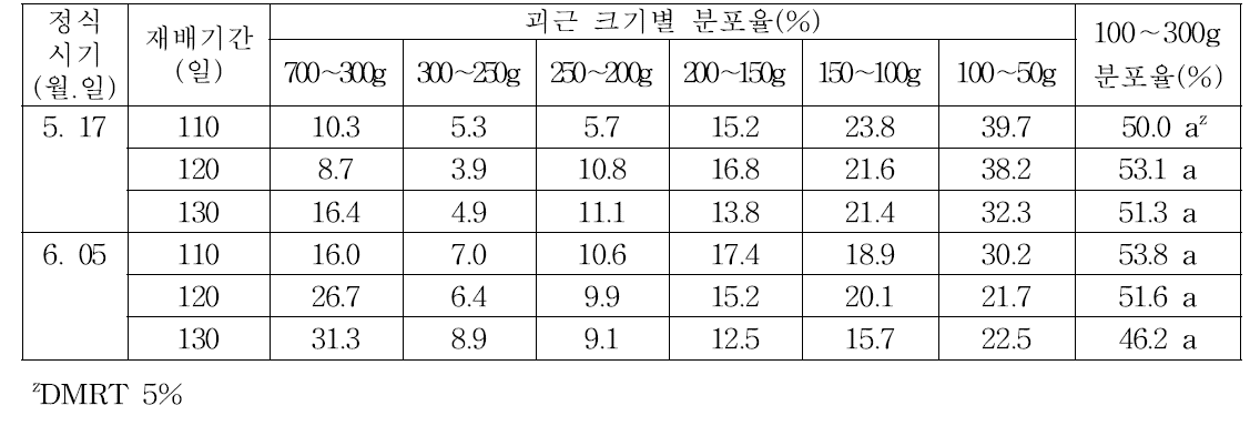 정식시기 및 재배기간에 따른 괴근 크기별 분포율