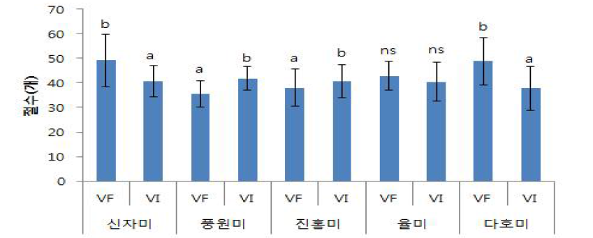 품종별 바이러스 무병묘와 감염묘의 지상부 절수의 차이