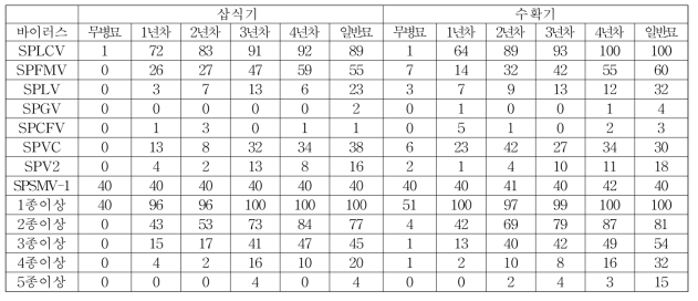 바이러스 무병묘 연차별 바이러스 감염율(5품종, 2019)