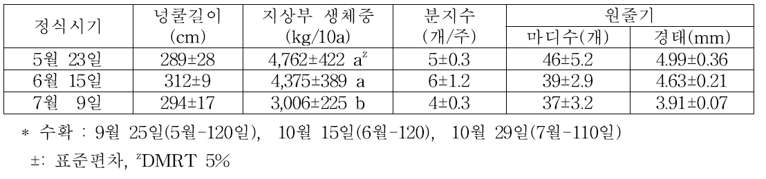 ‘풍원미’ 품종의 바이러스 무병묘 정식시기별 지상부 생육상황