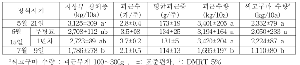 ‘다호미’ 품종의 바이러스 무병묘 정식시기별 지상부 생체중, 괴근 및 씨고구마 수량