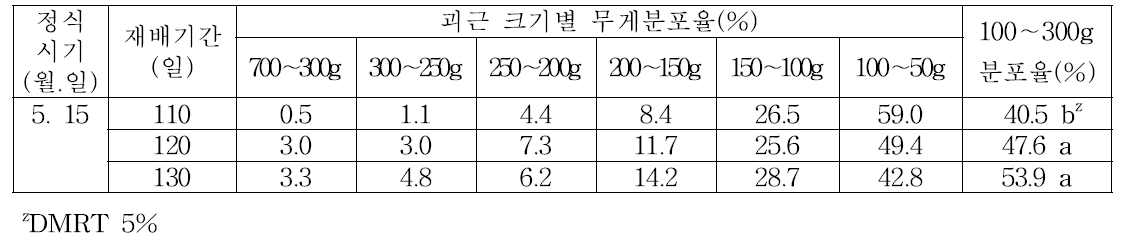 정식시기 및 재배기간에 따른 괴근 크기별 무게 분포율