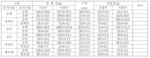 곰취와 혼식식물체의 생체중과 건물중