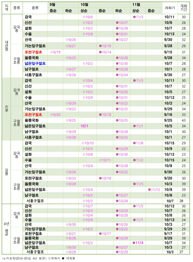 경관작물 감국류 및 구절초류 개화기 및 개화기간 비교