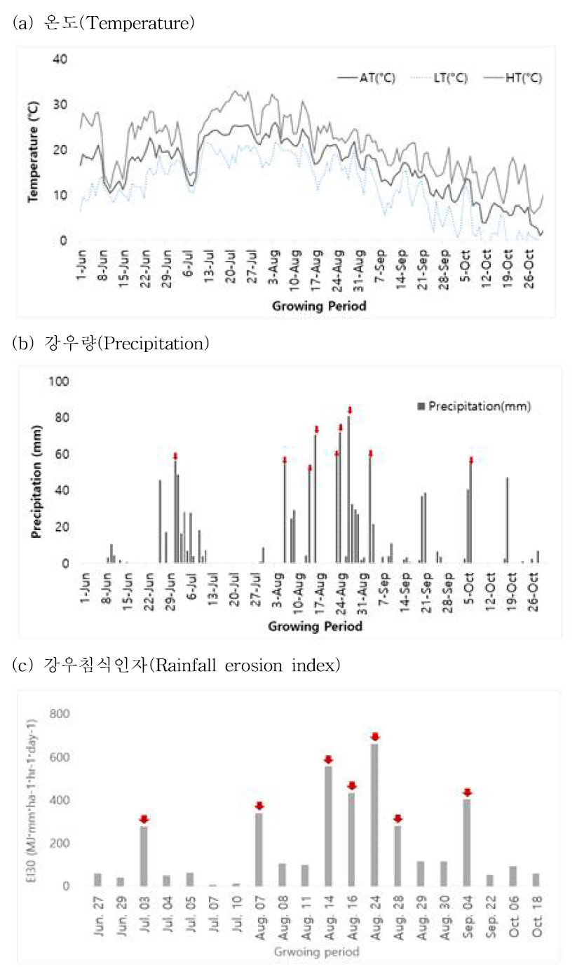 구절초 식재된 라이시터가 있는 평창군 대관령면의 환경 (a), 강수량(b) 및 강우침식인자 EI 30를 나타냄. 표 (a)의 검은색, 하늘색 및 회색 선은 일일 평균 온도 (AT), 저온 (LT) 및 고온 (HT)을 나타냄. 그래프 (a) 및 (b)의 빨간색 화살표는 생육기간동안 강수량이 50mm 이상이고 강우 침식 지수가 200 이상을 나타냄