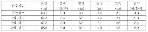 관수처리별 댕댕이나무 생육특성(2016)