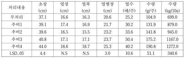 수리취 시비처리시 생육특성(2019, 2년차)