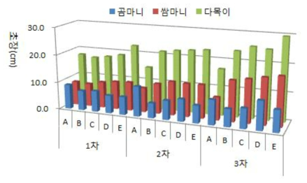 저온처리에 따른 곰취 품종과 생육시기별 초장의 변화 ※저온처리시간 : A; 240, B; 336, C; 360, D; 384, E; 408