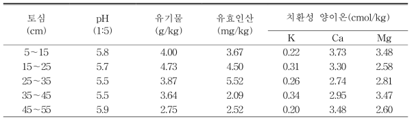 시험 전 깊이별 토양화학성 분포(2015.2.)