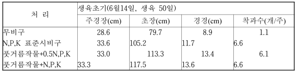 풋거름작물 처리별 고추 생육량