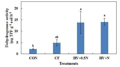 풋거름 처리별 탈수소 효소 활성 *CON: 무처리, CF: 화학비료 NPK, HV+0.5N: 풋거름작물+0.5N,P,K., HV+N: 풋거름작물+N,P,K