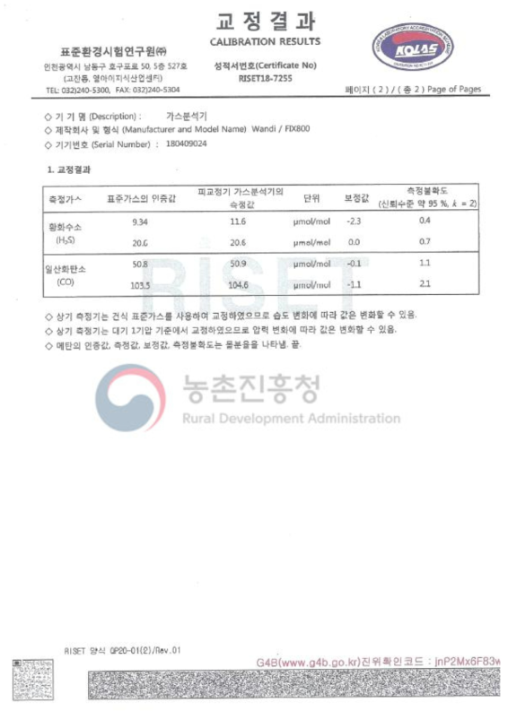 가스 센서 교정 결과서