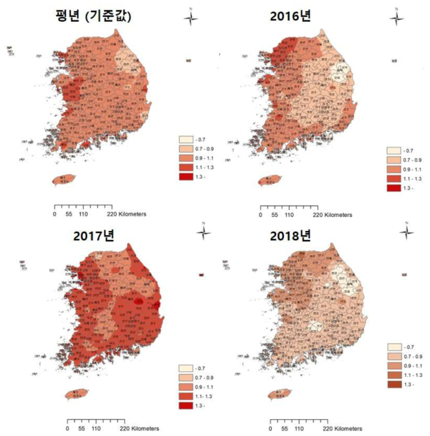 벼 표준 기후생산력지수 및 연도별 기후생산력지수 분포도