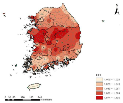 평년 보리 기후생산력지수의 분포