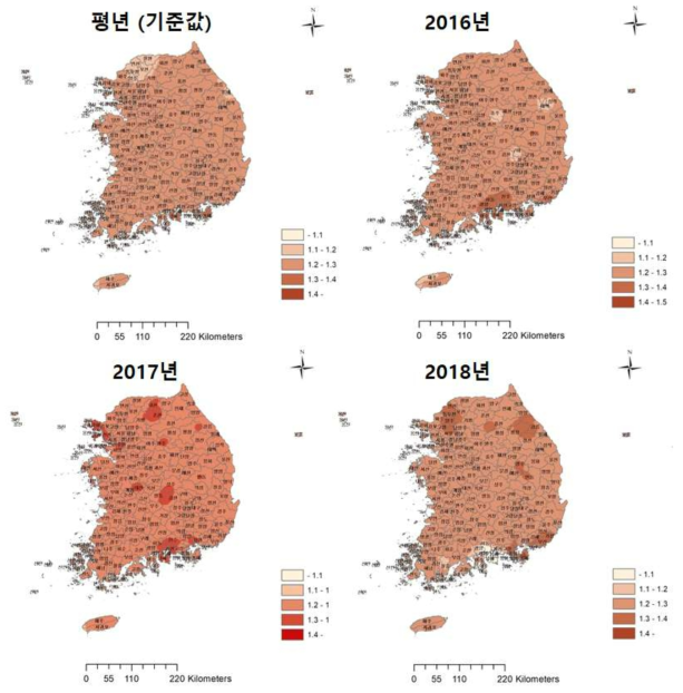 보리 표준 기후생산력지수 및 연도별 기후생산력지수 분포도