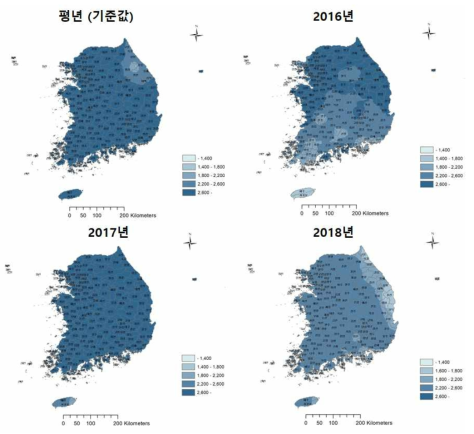 배의 평년 및 최근 3년 농업기후지표값 변화 분포도