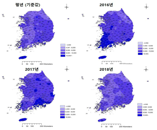 가을 배추의 평년 및 최근 3년 농업기후지표값 변화 분포도