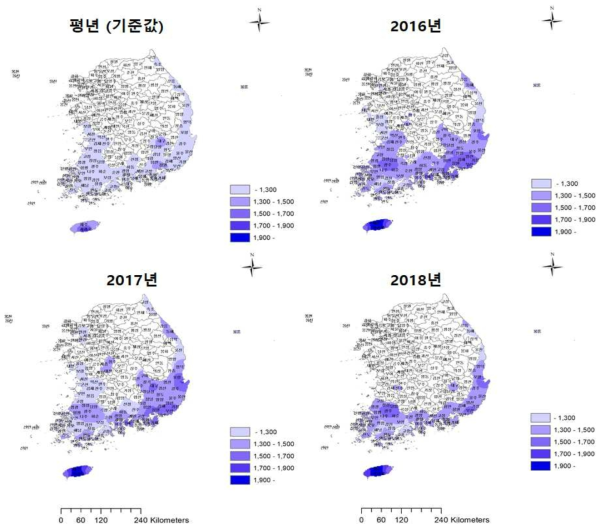 난지형 마늘의 평년 및 최근 3년 농업기후지표값 변화 분포도