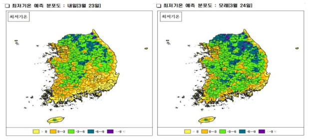 최저기온 예측 분포도 (예: ‘19.3.22 예보기준)