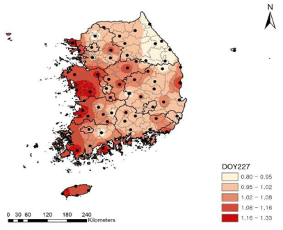 평년 벼 기후생산력지수의 분포(출수기 8월 5일 기준)