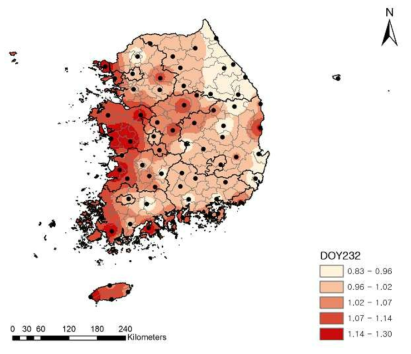 평년 벼 기후생산력지수의 분포(출수기 8월 10일 기준)