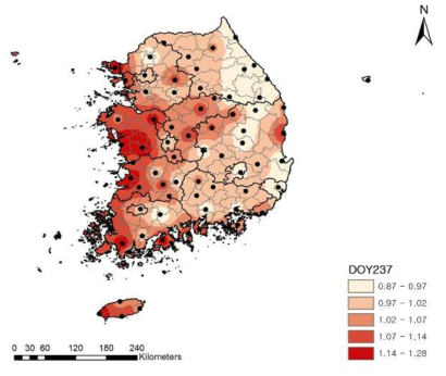 평년 벼 기후생산력지수의 분포(출수기 8월 15일 기준)