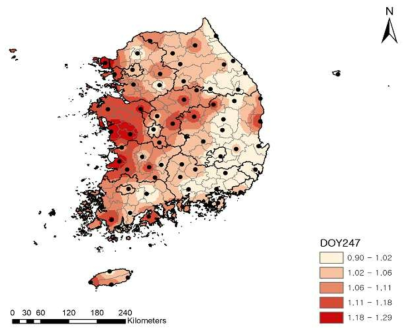 평년 벼 기후생산력지수의 분포(출수기 8월 25일 기준)