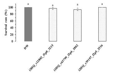 Survival rate(%) of Riptortus pedestris on the sixth day after direct feeding of exogenous dsRNAs (Tukey’s HSD test, α = 0.05)