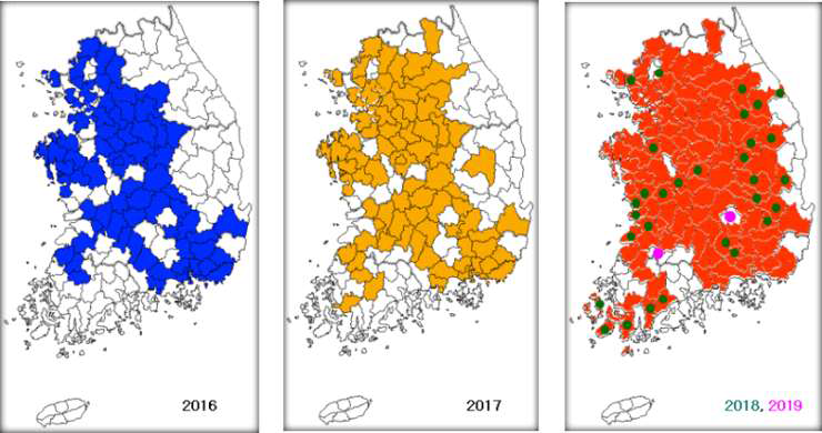 미국선녀벌레의 분포확산 모니터링(초록, 2018; 분홍, 2019)