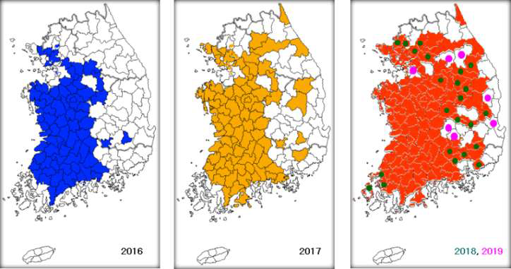 갈색날개매미충의 분포확산(초록, 2018; 분홍, 2019)