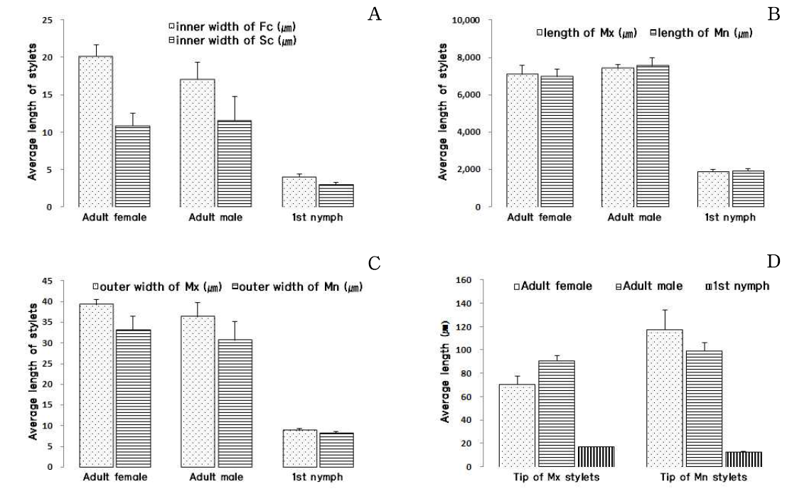 Size of Riptortus pedestris stylets (A: inner width of Sc, salivary cannal, and Fc, food cannal; B: length of Mx, maxillary stylets, and Mn, mandibular stylets; C: outer width of Mx and Mn; D: length of stylets exposed from the tip of labium)