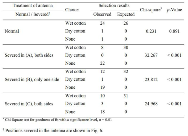 A Y-tube choice test between wet and dry cotton ball by the first instar nymph of Riptortus pedestris with normal or severed antenna