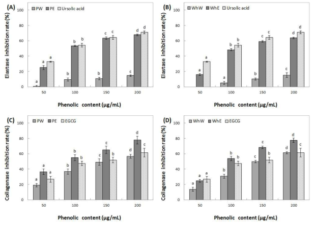 Inhibition activity of water and ethanol extracts from peel (A, C) and whole (B, D) of Summer king on elastase and collagenase. Means with different superscript letters are significantly different at P<0.05 by a Duncan’s multiple range tests. 1) PW: peel water extracts, 2) PE: peel ethanol extracts, 3) WhW: whole fruit water extracts and 4) WhE: whole fruit ethanol extracts