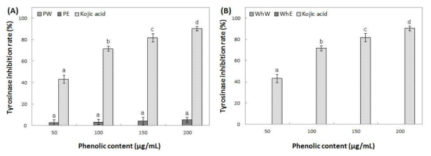 Inhibition activity of water and ethanol extracts from peel (A) and whole (B) of Fuji on tyrosinase. Means with different superscript letters are significantly different at P<0.05 by a Duncan’s multiple range tests. 1) PW: peel water extracts, 2) PE: peel ethanol extracts, 3) WhW: whole fruit water extracts and 4) WhE: whole fruit ethanol extracts