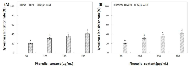 Inhibition activity of water and ethanol extracts from peel (A) and whole (B) of Picnic on tyrosinase. Means with different superscript letters are significantly different at P<0.05 by a Duncan’s multiple range tests. 1) PW: peel water extracts, 2) PE: peel ethanol extracts, 3) WhW: whole fruit water extracts and 4) WhE: whole fruit ethanol extracts