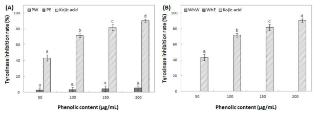 Inhibition activity of water and ethanol extracts from peel (A) and whole (B) of Fuji on tyrosinase. Means with different superscript letters are significantly different at P<0.05 by a Duncan’s multiple range tests. 1) PW: peel water extracts, 2) PE: peel ethanol extracts, 3) WhW: whole fruit water extracts and 4) WhE: whole fruit ethanol extracts
