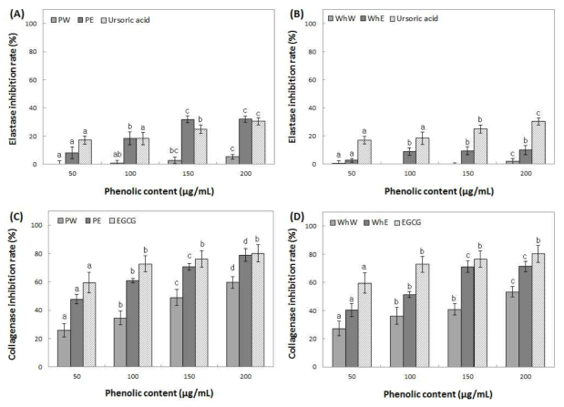 Inhibition activity of water and ethanol extracts from peel (A, C) and whole (B, D) of Fuji on elastase and collagenase. Means with different superscript letters are significantly different at P<0.05 by a Duncan’s multiple range tests. 1) PW: peel water extracts, 2) PE: peel ethanol extracts, 3) WhW: whole fruit water extracts and 4) WhE: whole fruit ethanol extracts