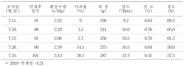 썸머프린스 수확 시기별 과일 특성 및 환산 수량 (2019)