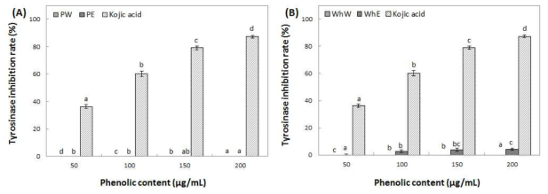 Inhibition activity of water and ethanol extracts from peel (A) and whole (B) of Hwangok on tyrosinase. Means with different superscript letters are significantly different at P<0.05 by a Duncan’s multiple range tests. 1) PW: peel water extracts, 2) PE: peel ethanol extracts, 3) WhW: whole fruit water extracts and 4) WhE: whole fruit ethanol extracts