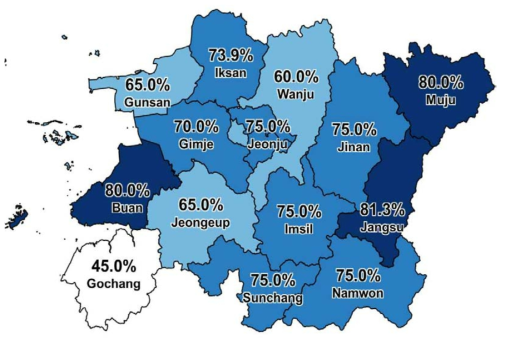 Choropleth map of occurrence rate of herbicide resistant weeds in Jeollabuk-do