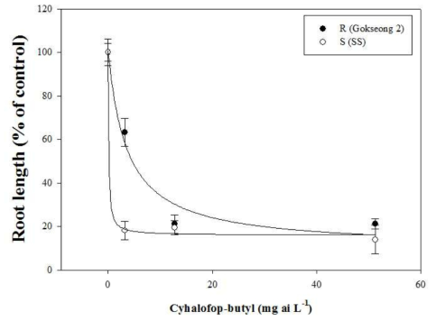 Cyhalofop-butyl 처리 후 대표적인 저항성(곡성2) 및 표준 감수성 논피 GR50