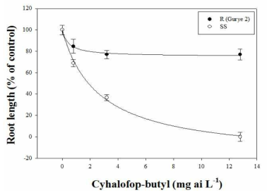 Cyhalofop-butyl 처리 후 대표적인 저항성(구례 2) 및 표준 감수성 올챙이고랭이 GR50